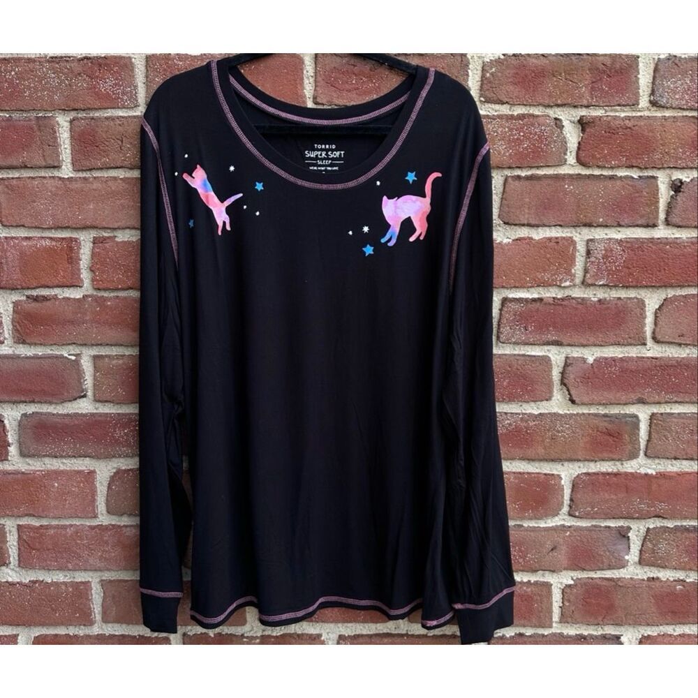Torrid Super Soft Black Pink Cat Stars Sleep Lounge Top 2X NWT